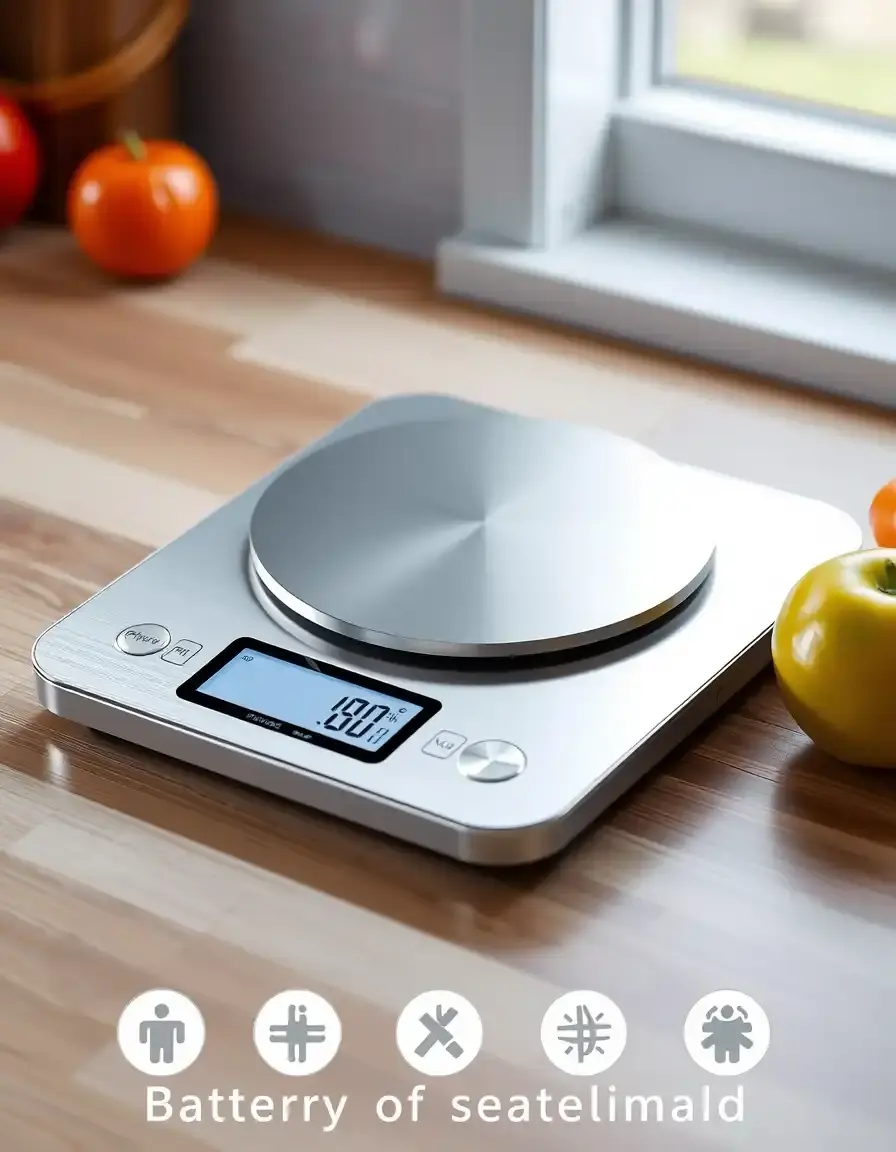 Präzise digitale Küchenwaage auf Holzuntergrund für kalorienarmen Kuchen