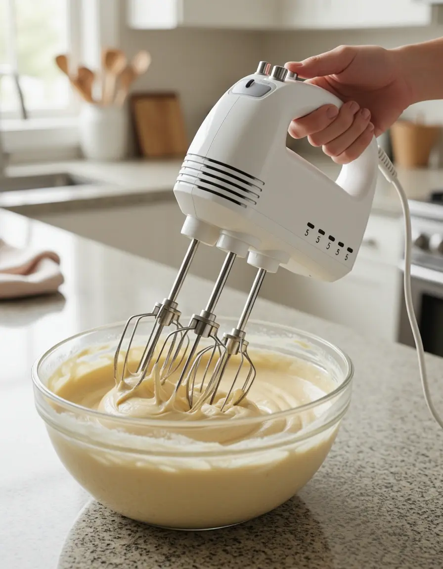 Elektrischer Handmixer beim Schlagen von Teig für leichten Kuchen