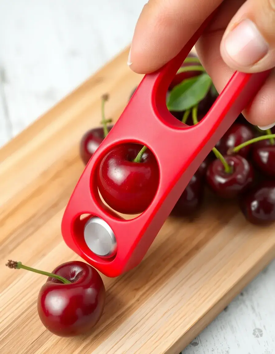 Roter Kirschentkerner bei der Arbeit an einer frischen Kirsche