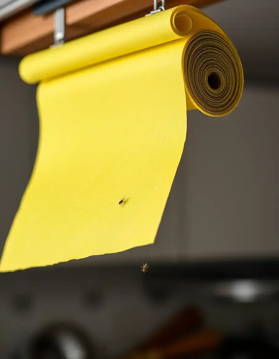 Gelbe Klebefallen für Fliegen in einer Küche