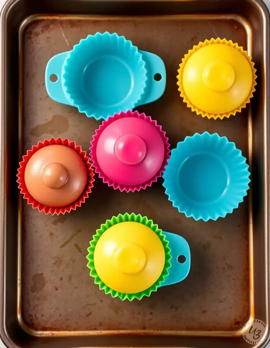 Set mit 6 bunten Silikon Mini Kuchenformen auf Backblech
