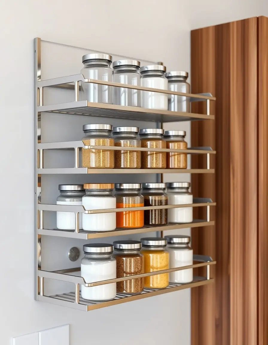 Wandmontiertes Gewürzregal aus Edelstahl mit Glasbehältern in einer modernen kleinen Küche
