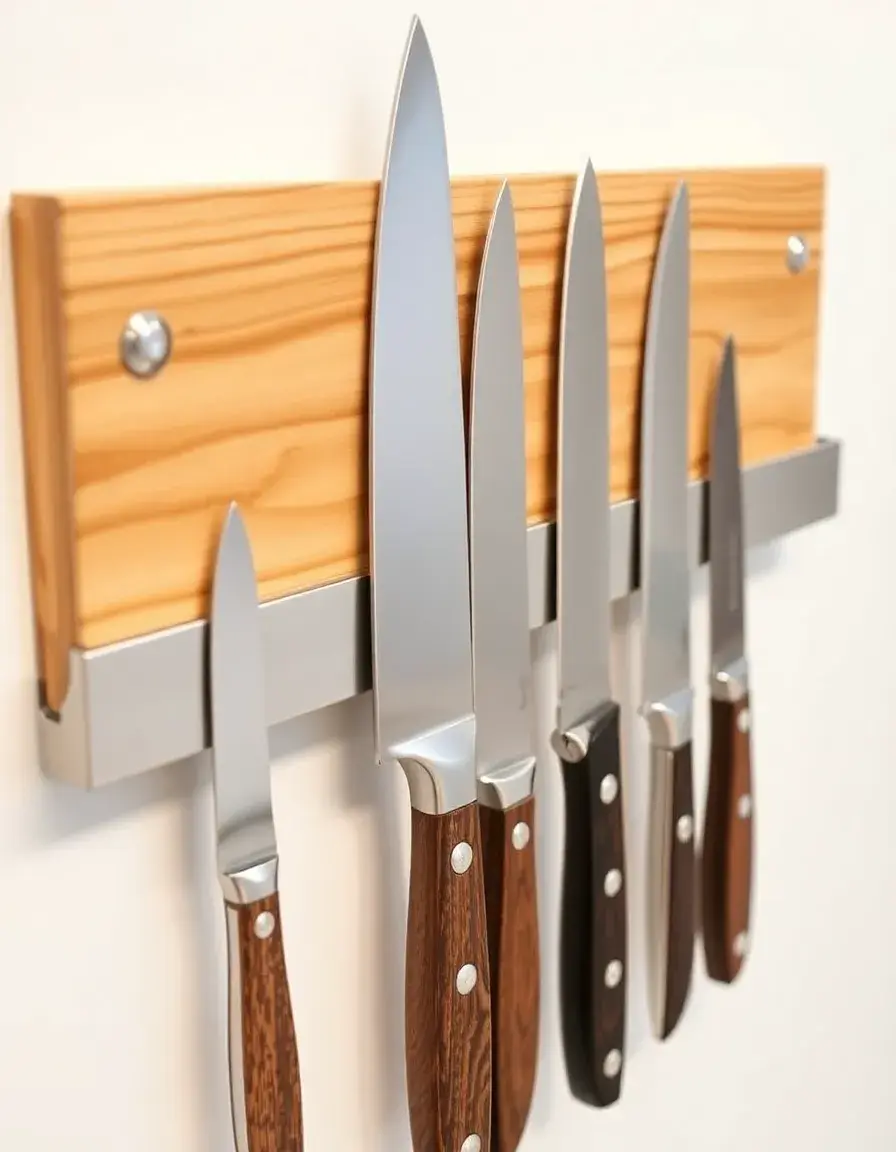 Magnetischer Messerhalter aus Holz mit verschiedenen scharfen Küchenmessern an der Wand
