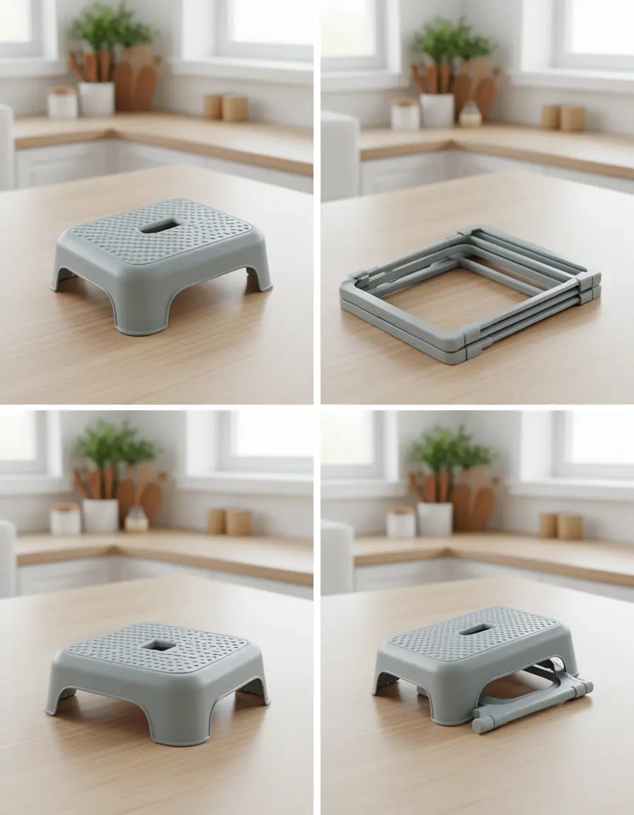 Klappbarer Tritthocker aus Kunststoff, platzsparend verstaut neben einem Küchenschrank