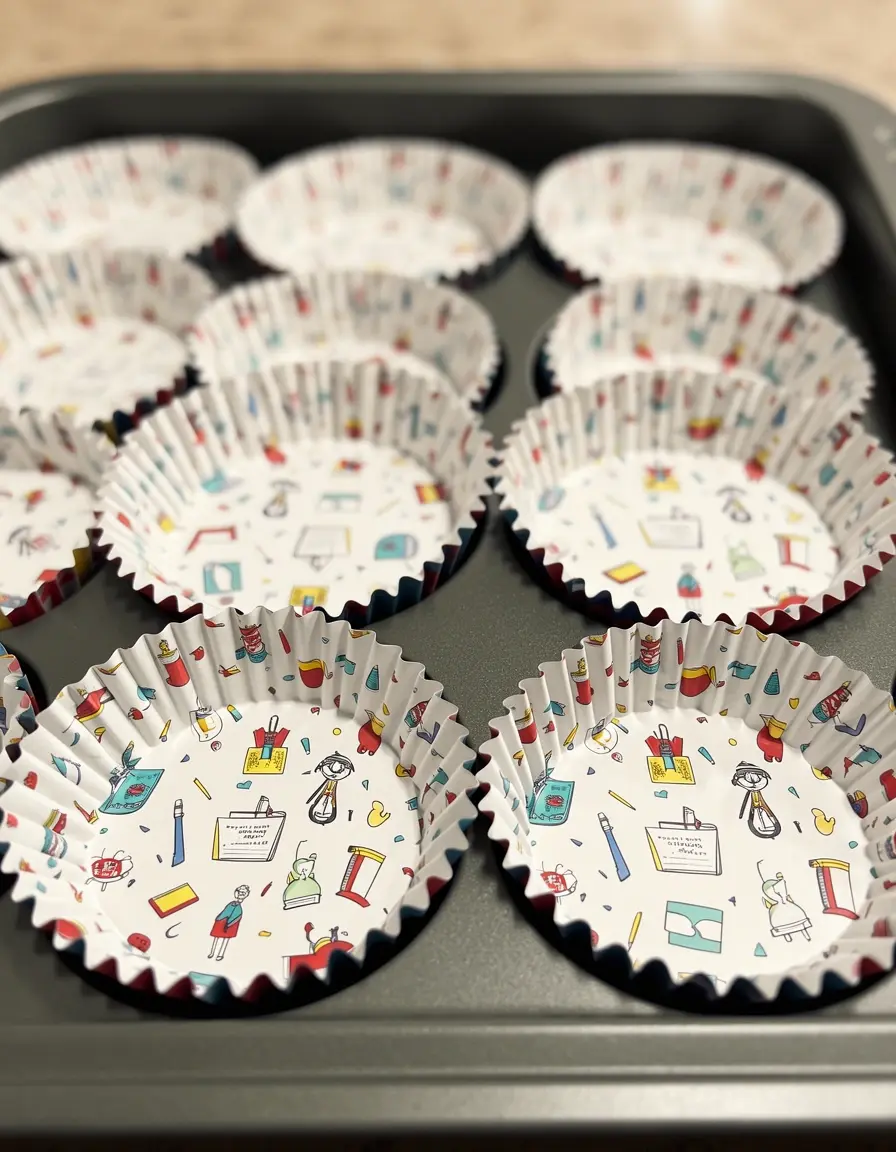 Thematische Cupcake-Förmchen mit Schulmotiven in einer Backform