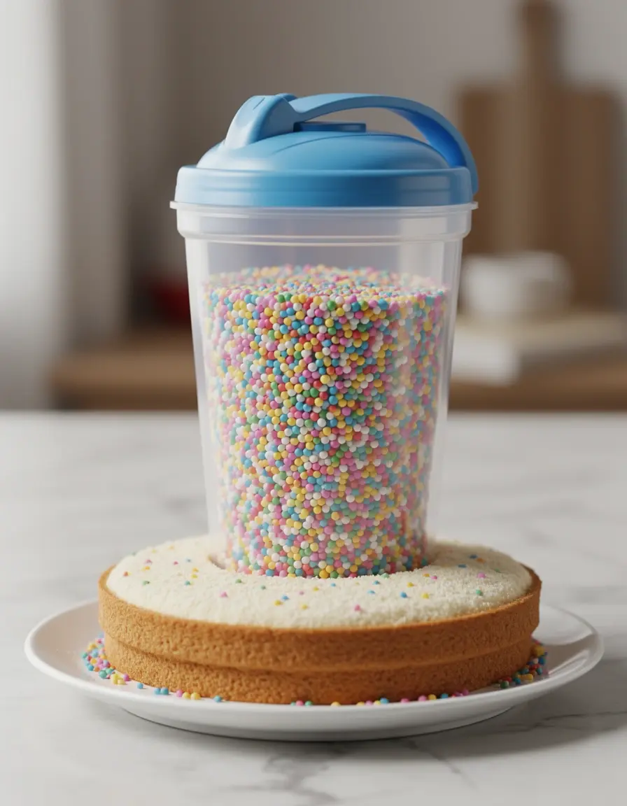 Streuselstreuer über einem Kuchen mit Regenbogenstreuseln