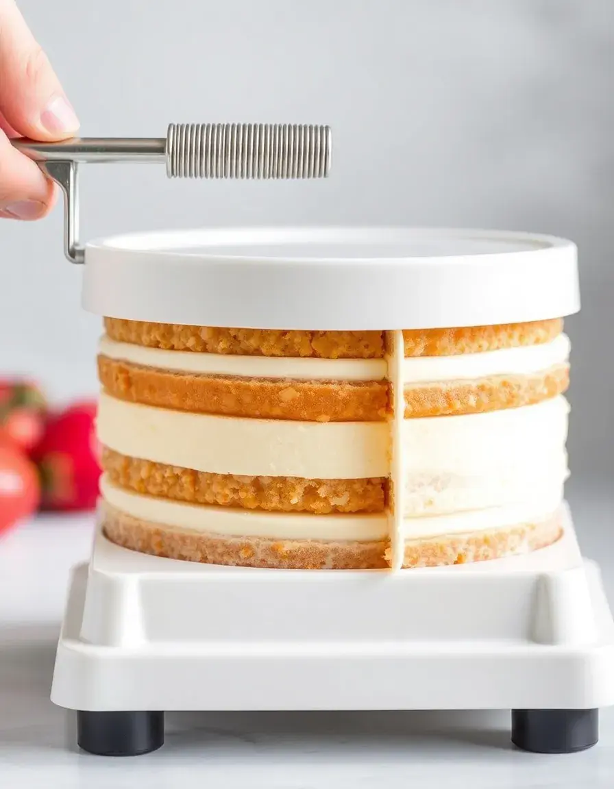 Detailed realistic image of an adjustable cake layer slicer wire cutter