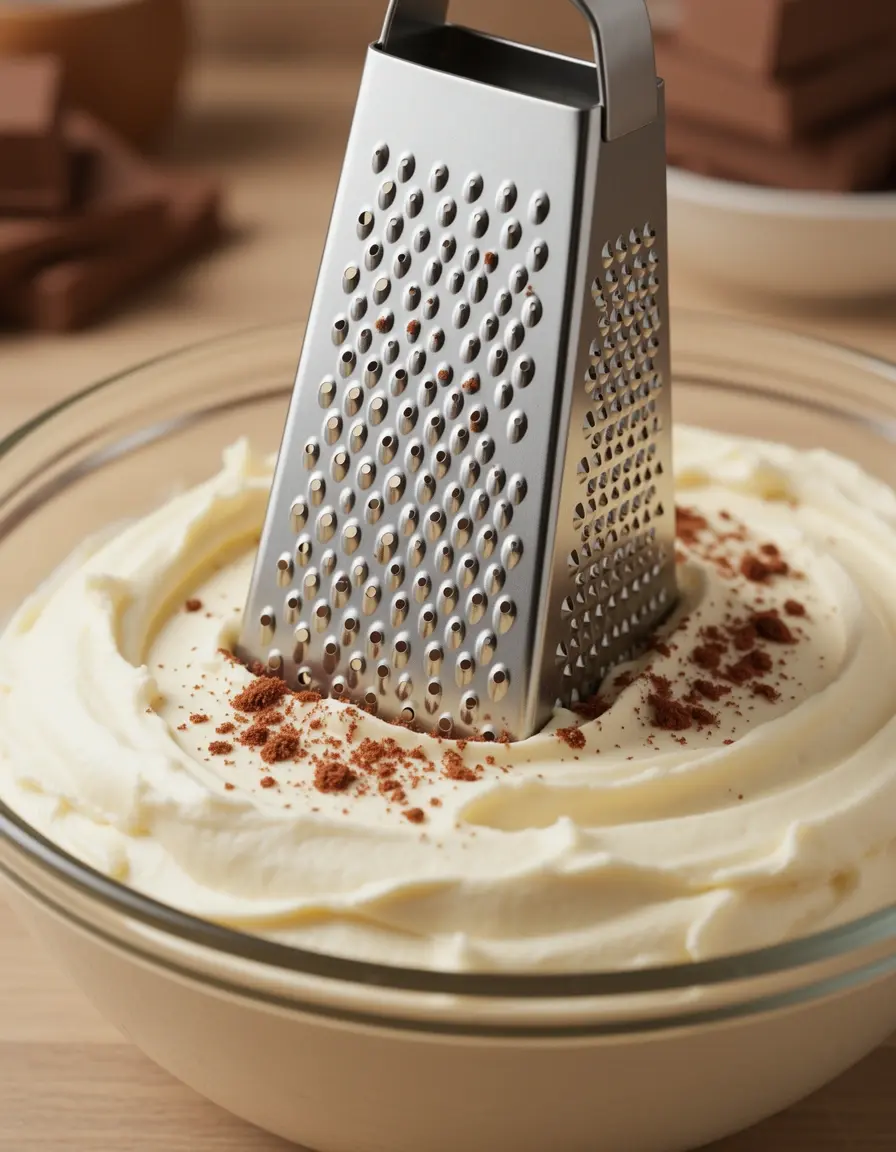 Fine microplane grater for chocolate over mascarpone