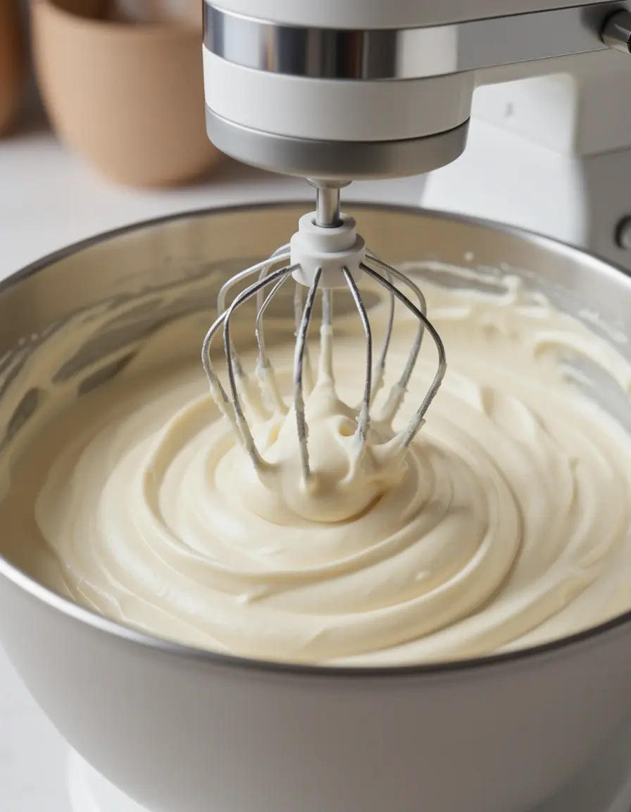 Photorealistic close-up of a flat beater paddle mixing mascarpone cream