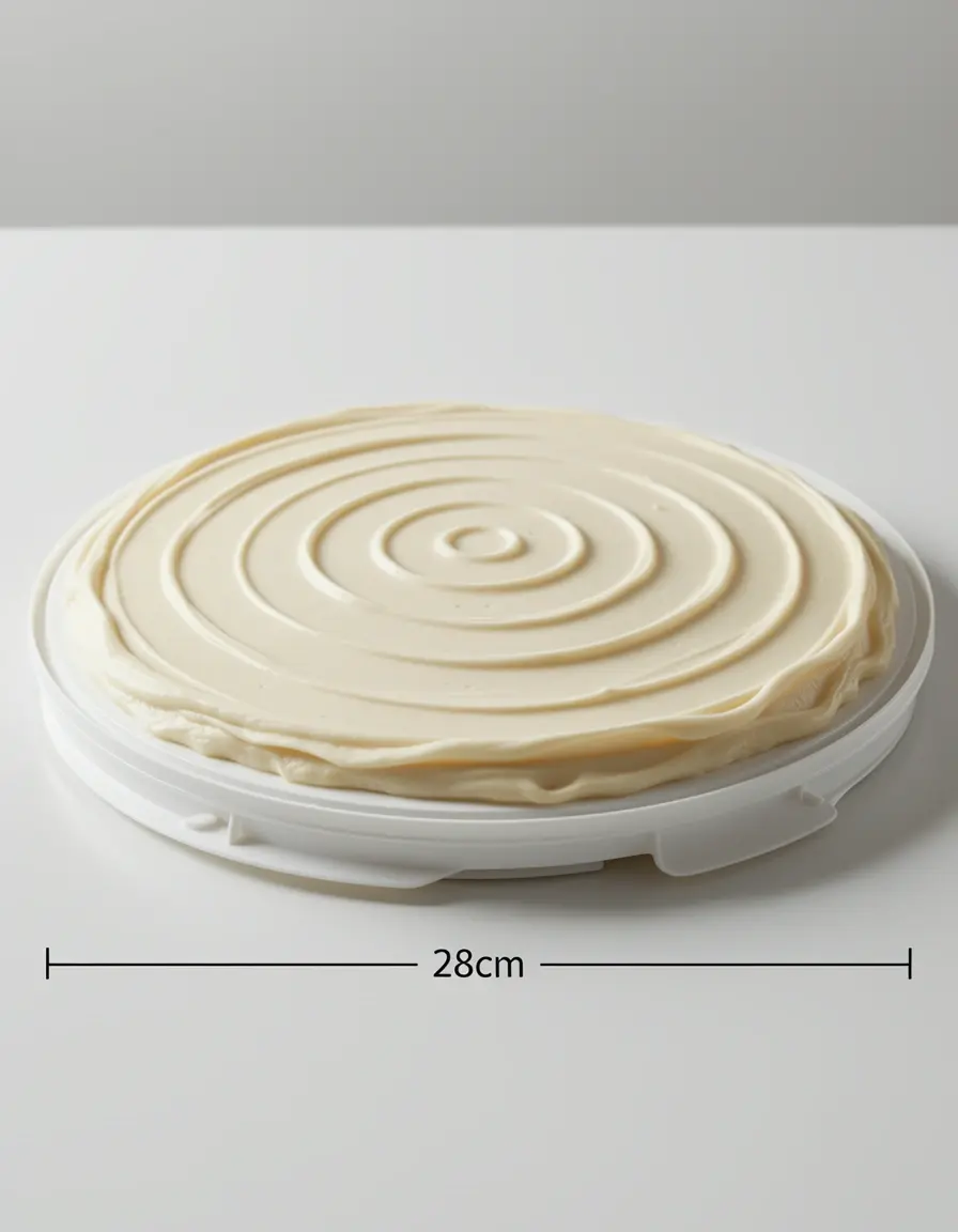 Detailed image of a plastic cake turntable rotating for frosting