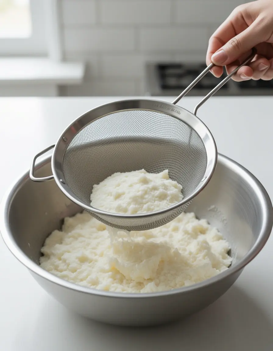 Feinmaschiges Quark-Sieb aus Edelstahl über einer Schüssel zum Abtropfen