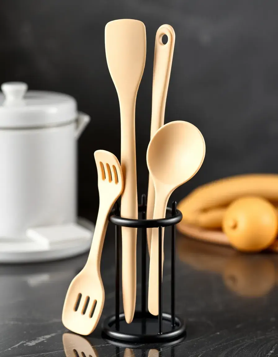 5-teiliges Silikon-Küchenhelfer-Set in Beige mit Halter