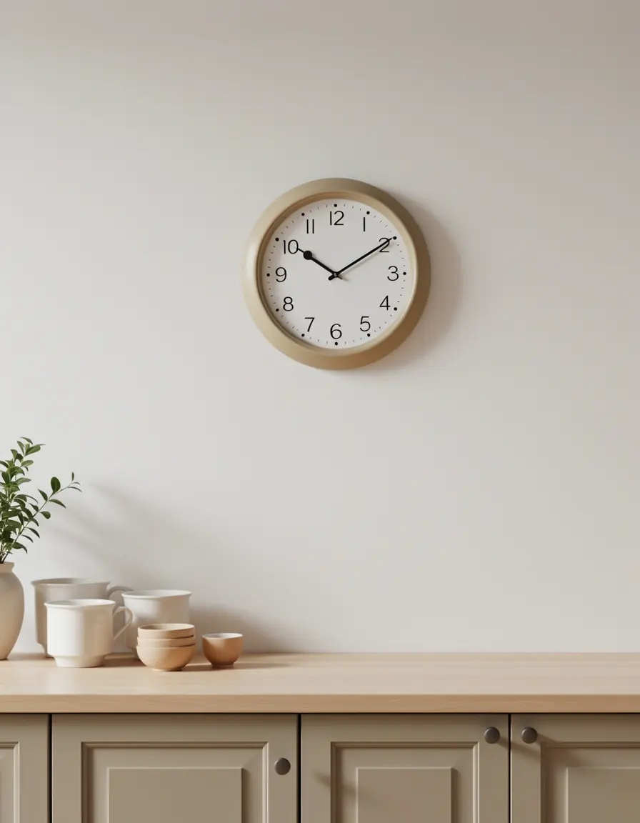 Analoge Wanduhr mit beigem Rahmen für die Küche