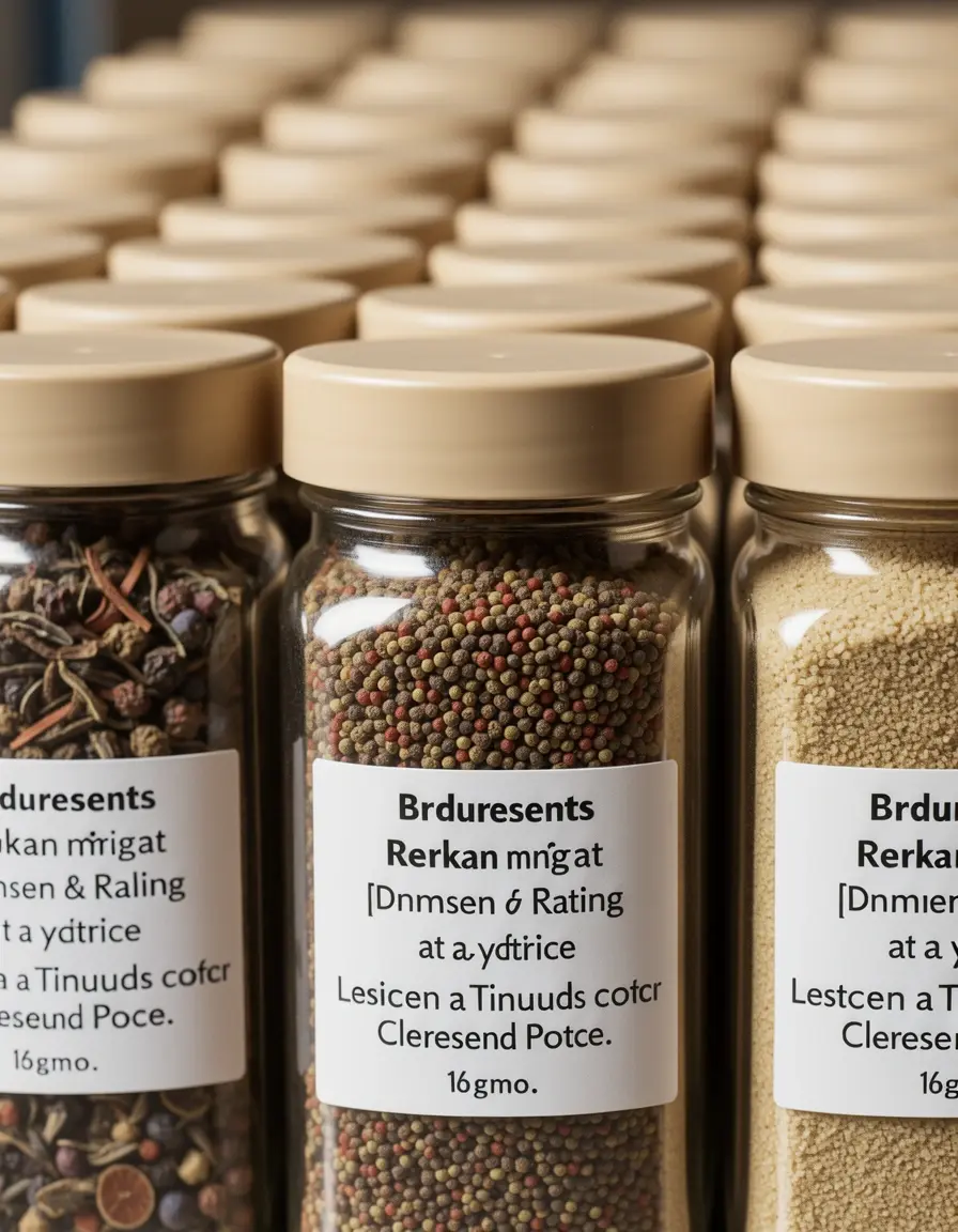 Gewürzgläser mit beigen Deckeln und Beschriftung