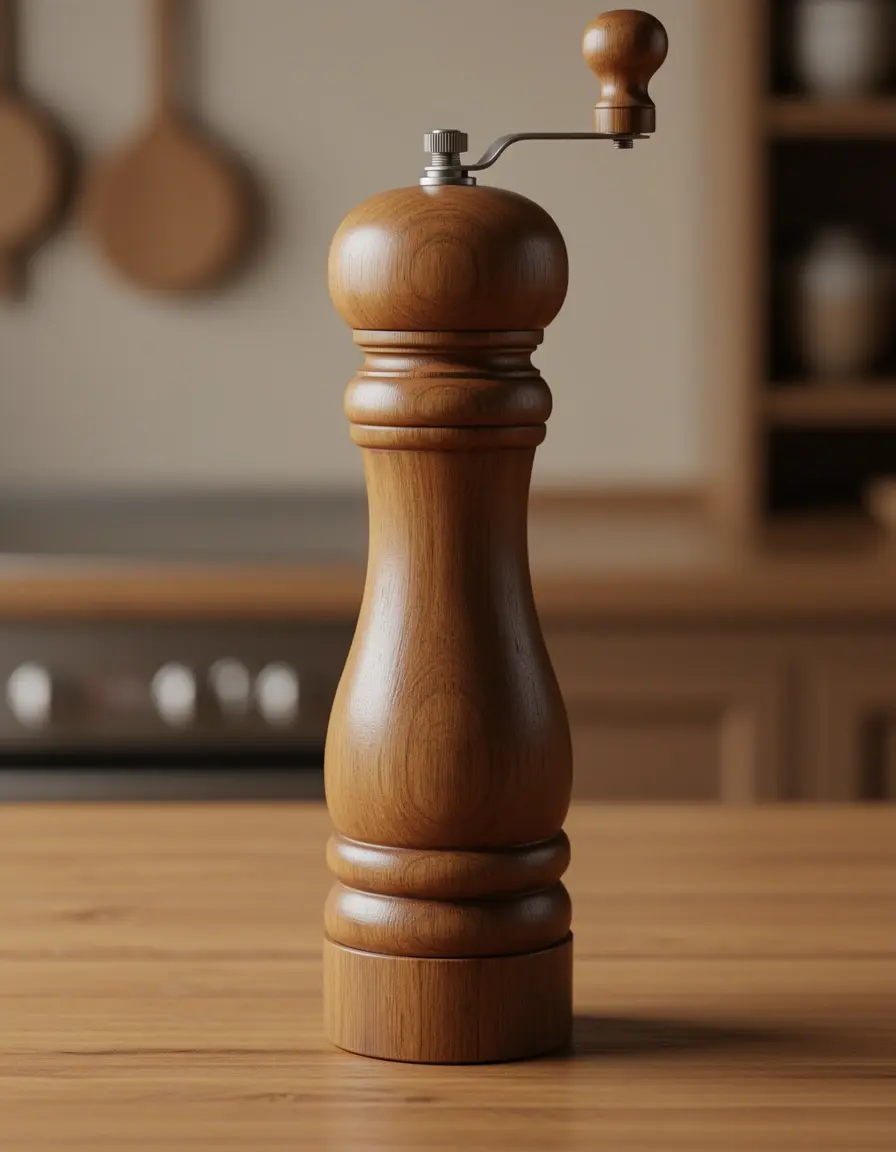 Rustikale Pfeffermühle aus Holz mit Handkurbel