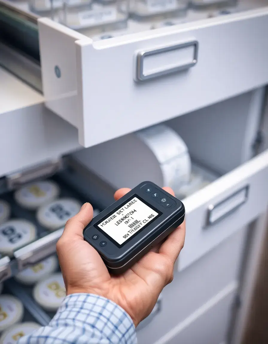 Handbeschriftungsgerät druckt Etiketten für eine Küche mit Apothekerschrank