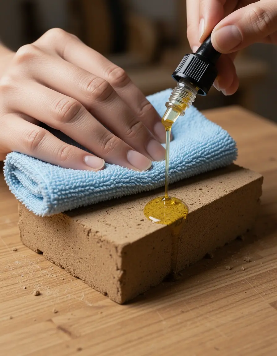 Mikrofasertuch beim Auftragen von Öl auf einen Holzblock