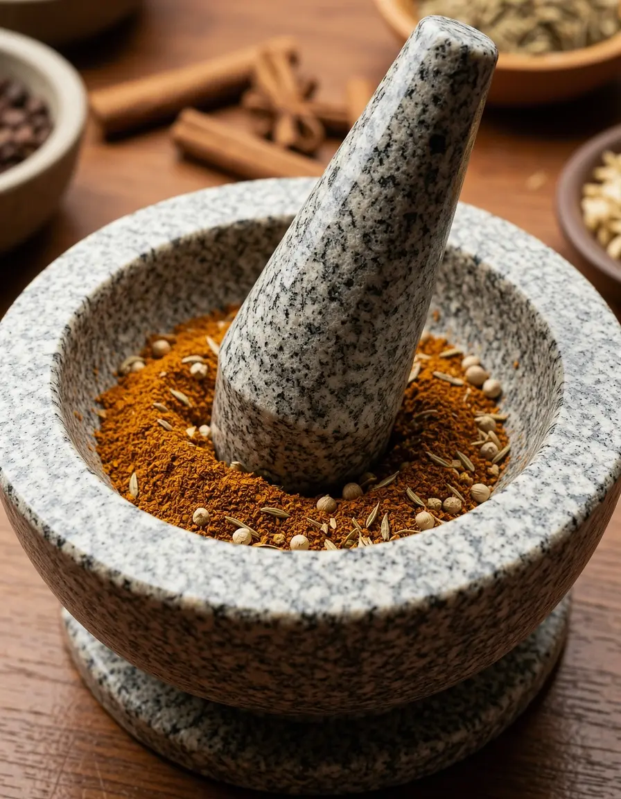 Mörser und Stößel aus Granit zum Zerkleinern von Gewürzen