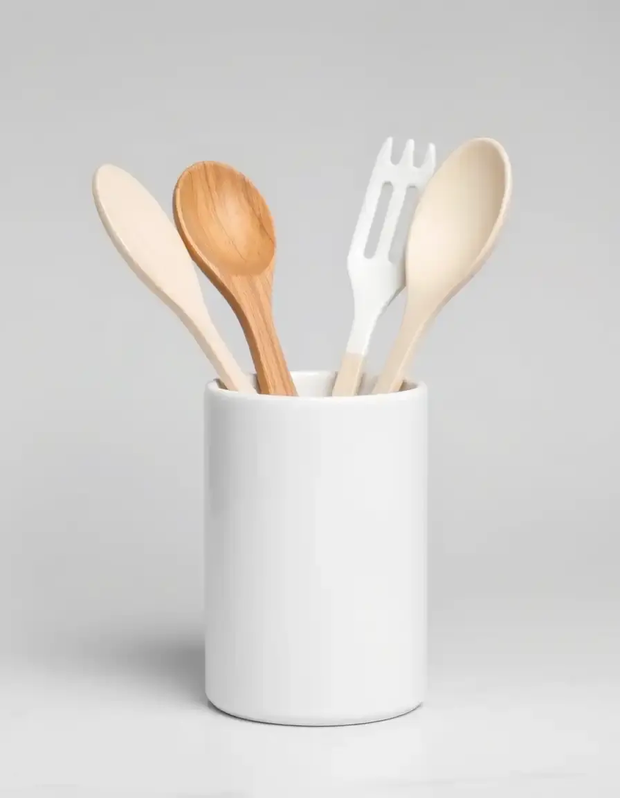 Weißer Utensilienhalter aus Keramik in einer modernen Küche weiß