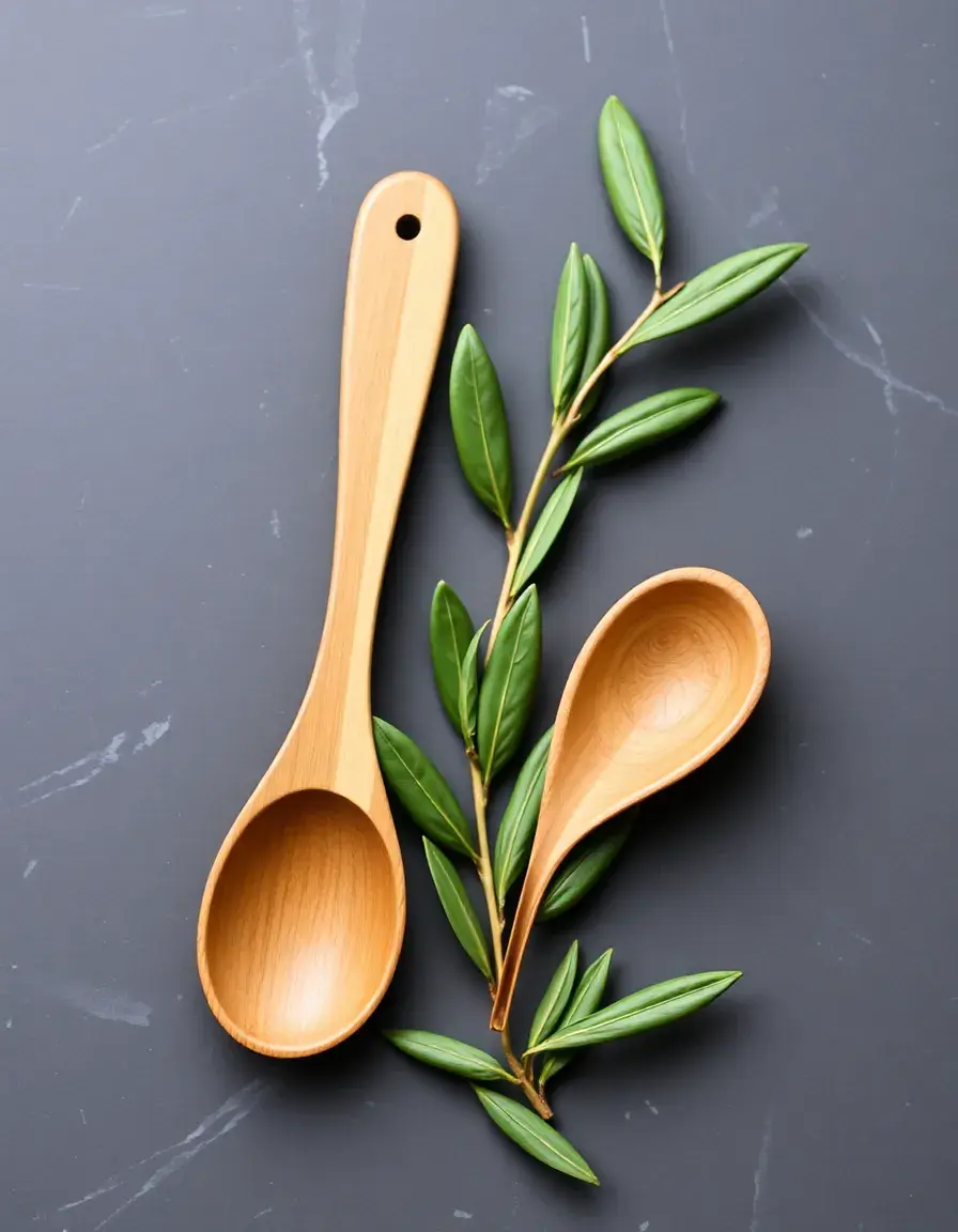 Set aus drei Olivenholz Kochlöffeln Wooden Spoon Set für natürliche Kücheneinrichtung