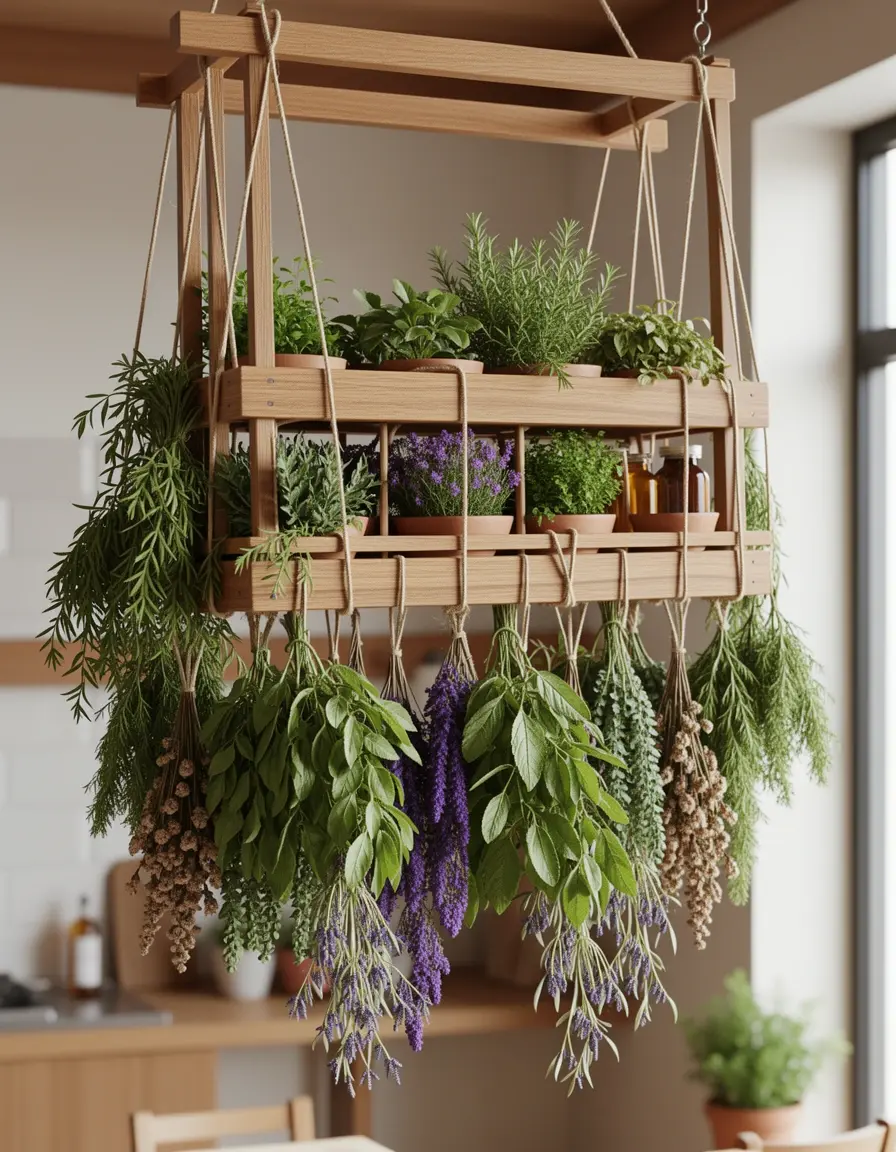 Hängendes Kräutertrockengestell Herb Drying Rack aus Holz für die Landhausstil Küche