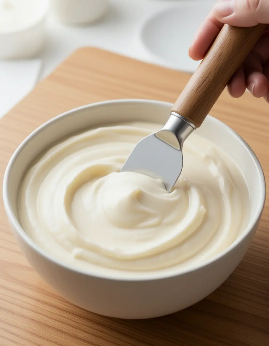 Flexibler Teigschaber für Schmandcreme zum sauberen Ausstreichen der Form