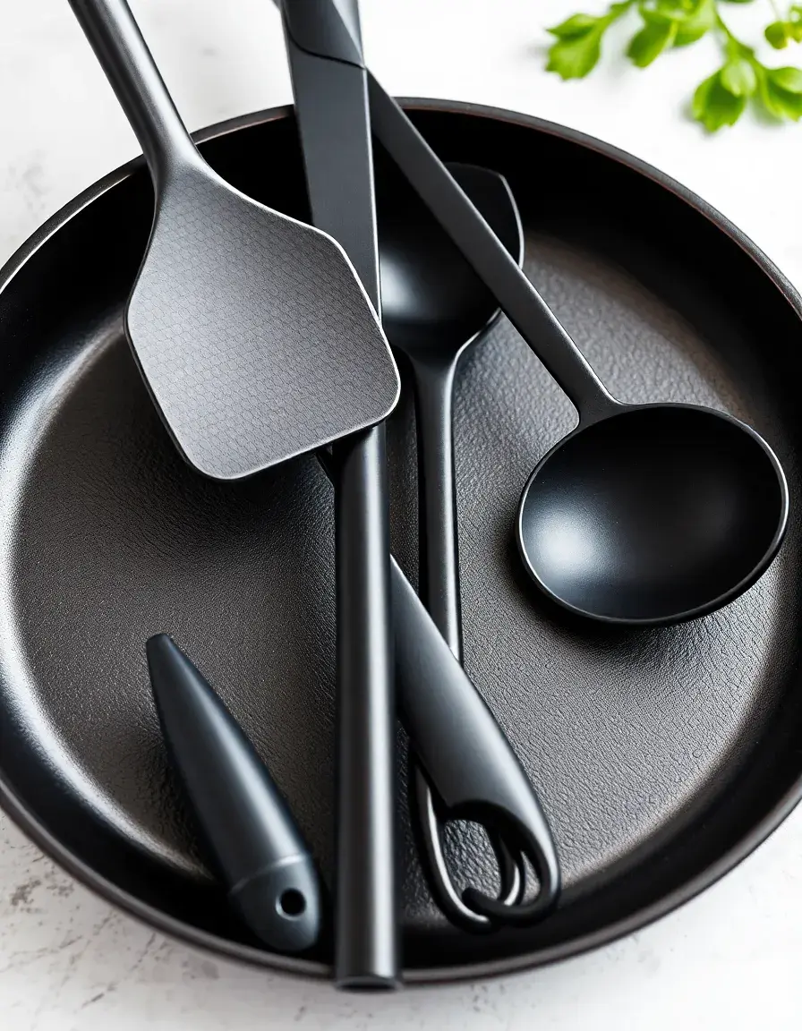 Schwarzes Nylon Küchenutensilien Set mit Pfannenwender und Zange