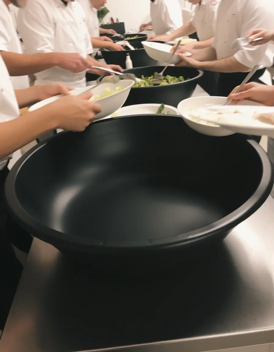 Große schwarze Plastik Salatschüssel mit mattem Finish und Besteck