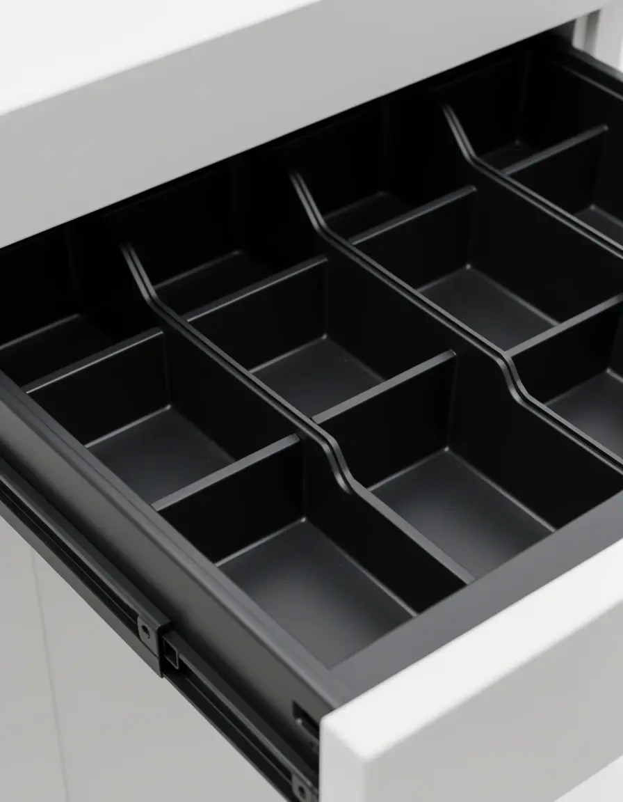 Schwarzes Schubladen-Organizer-Tray mit verschiedenen Fächern