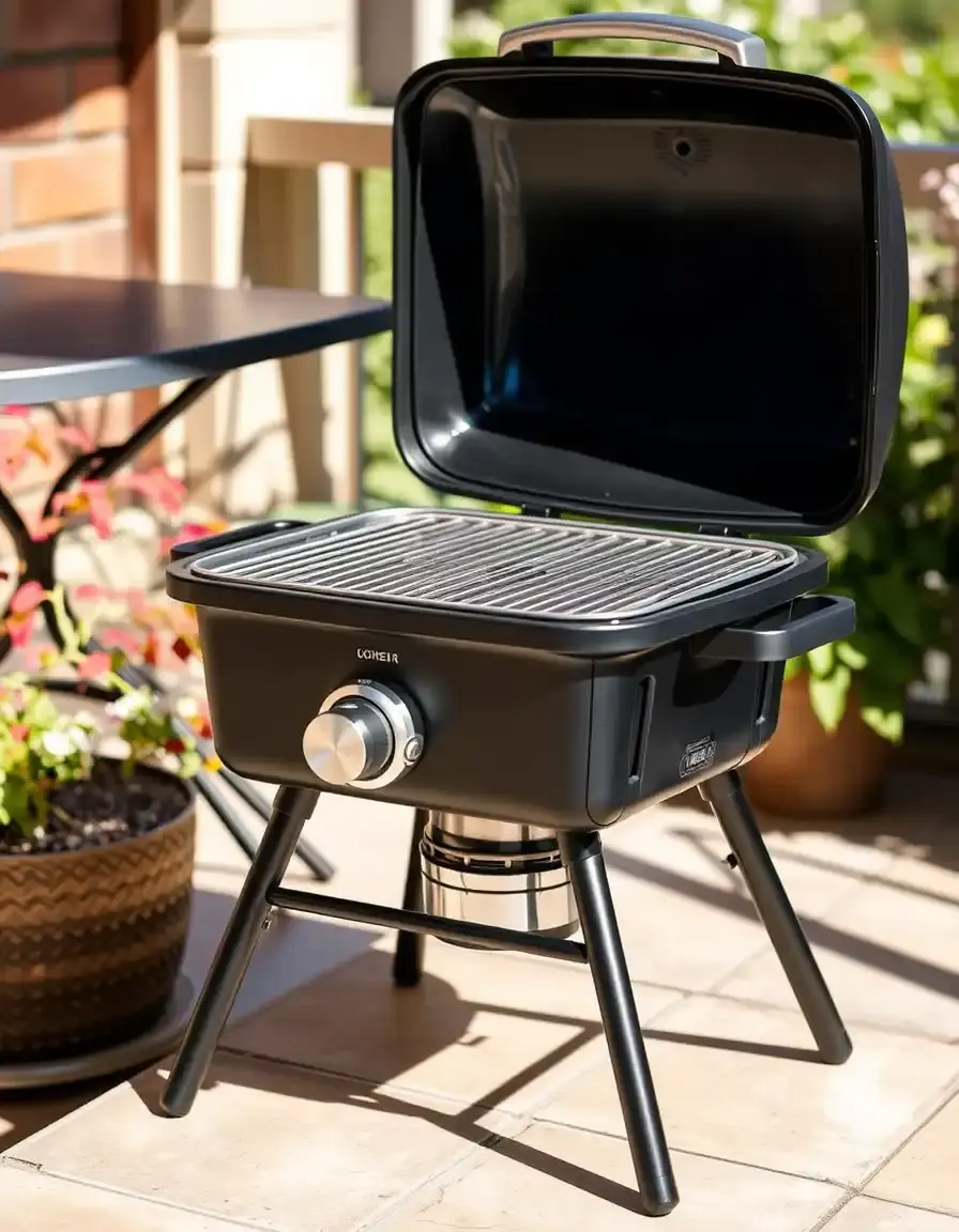 Tragbarer Gasgrill auf sonniger Terrasse für Outdoor Küche