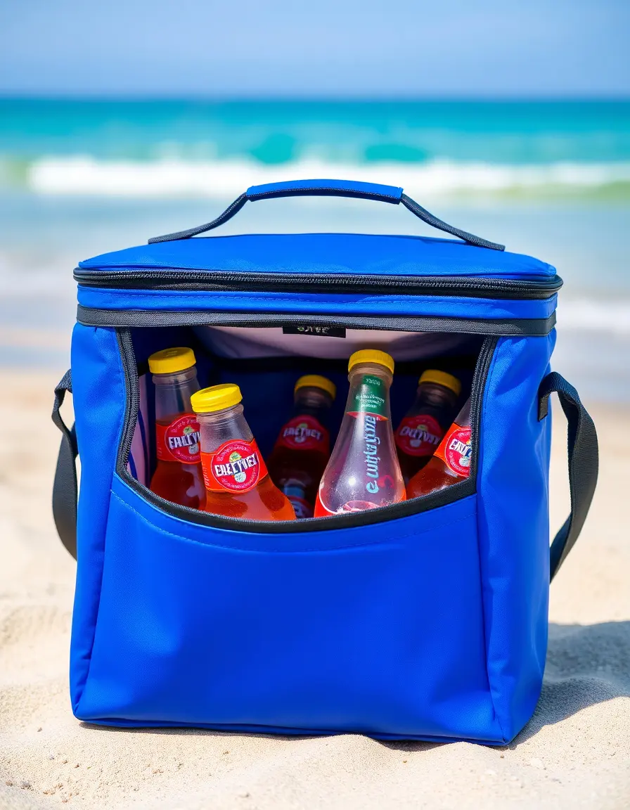 Isolierte Kühltasche mit Getränken am Strand