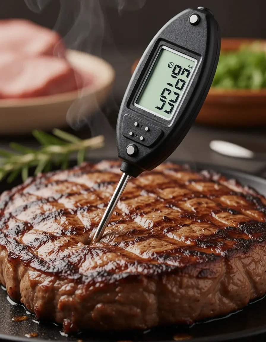 Digitales Fleischthermometer in einem saftigen Steak