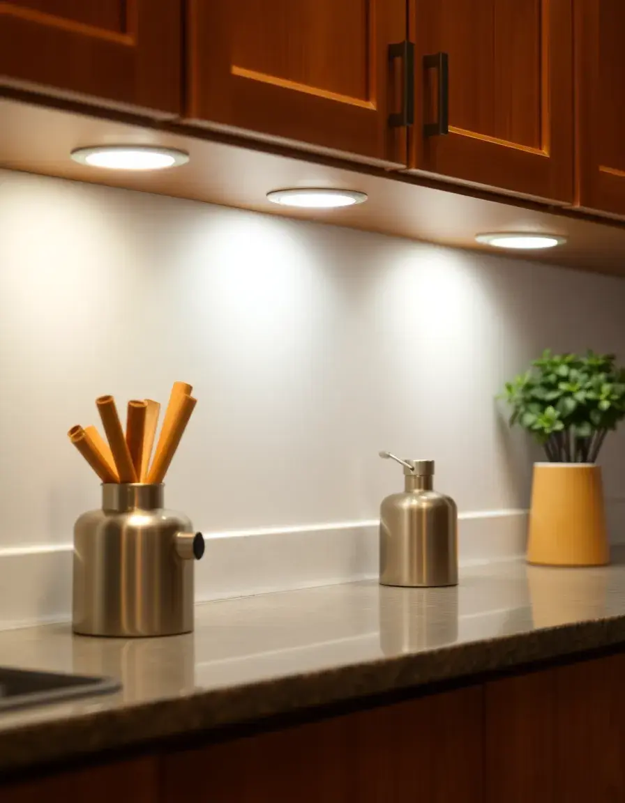 Weiße LED Puck Lights batteriebetrieben unter einem Küchenschrank