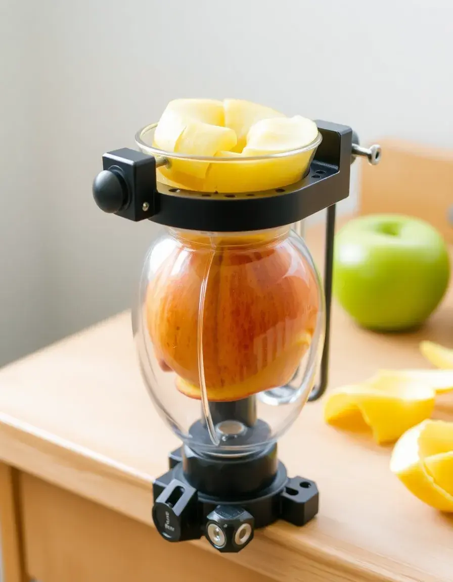 Rotierender Apfelschäler fixiert auf einem Tisch schält einen Apfel in Spiralen