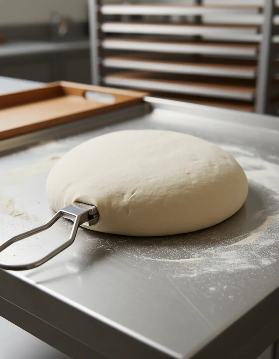 Teigschaber aus Metall portioniert Mürbeteig für einen Kuchen