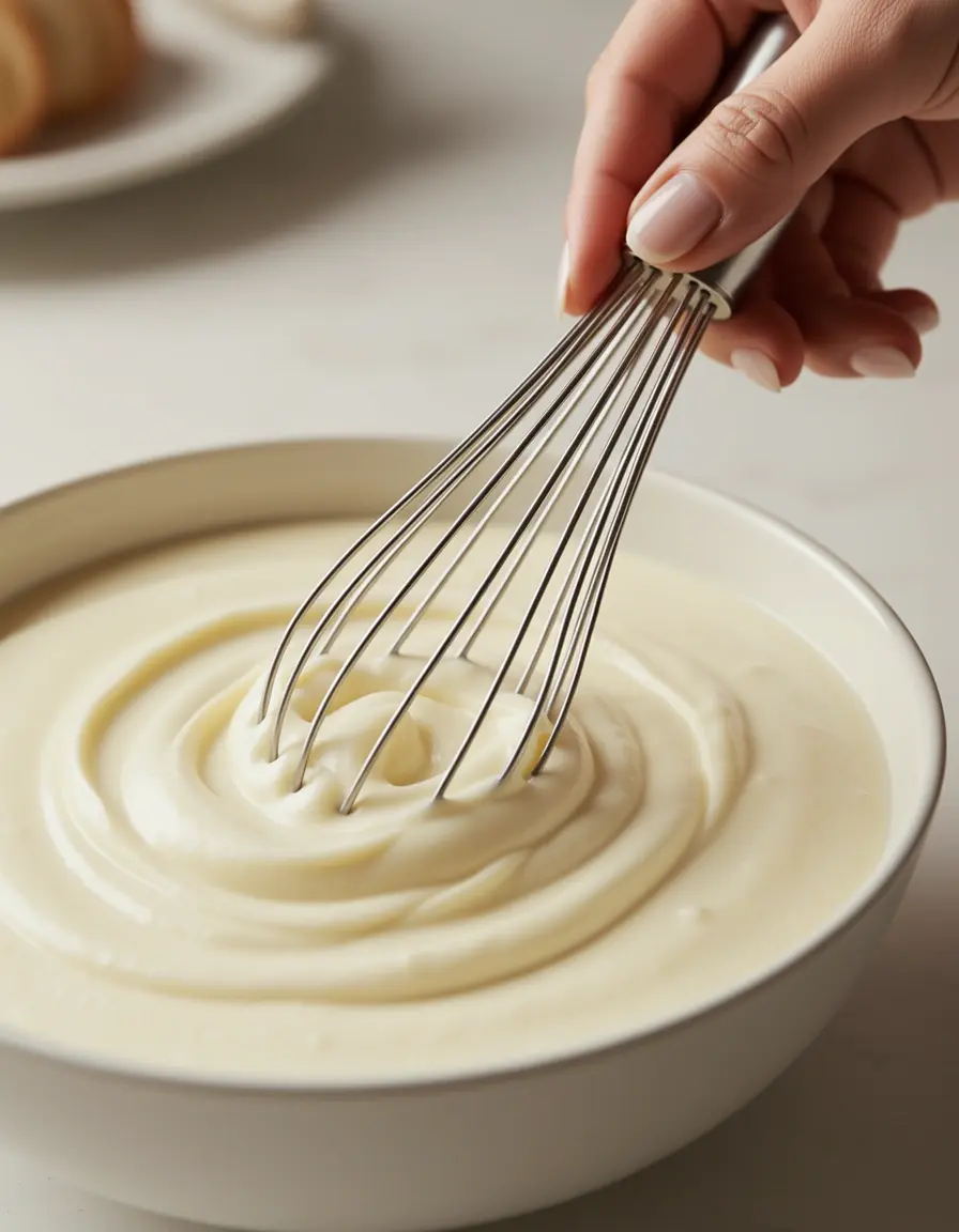 Eleganter Schneebesen verrührt Schmandcreme für die Kuchenfüllung