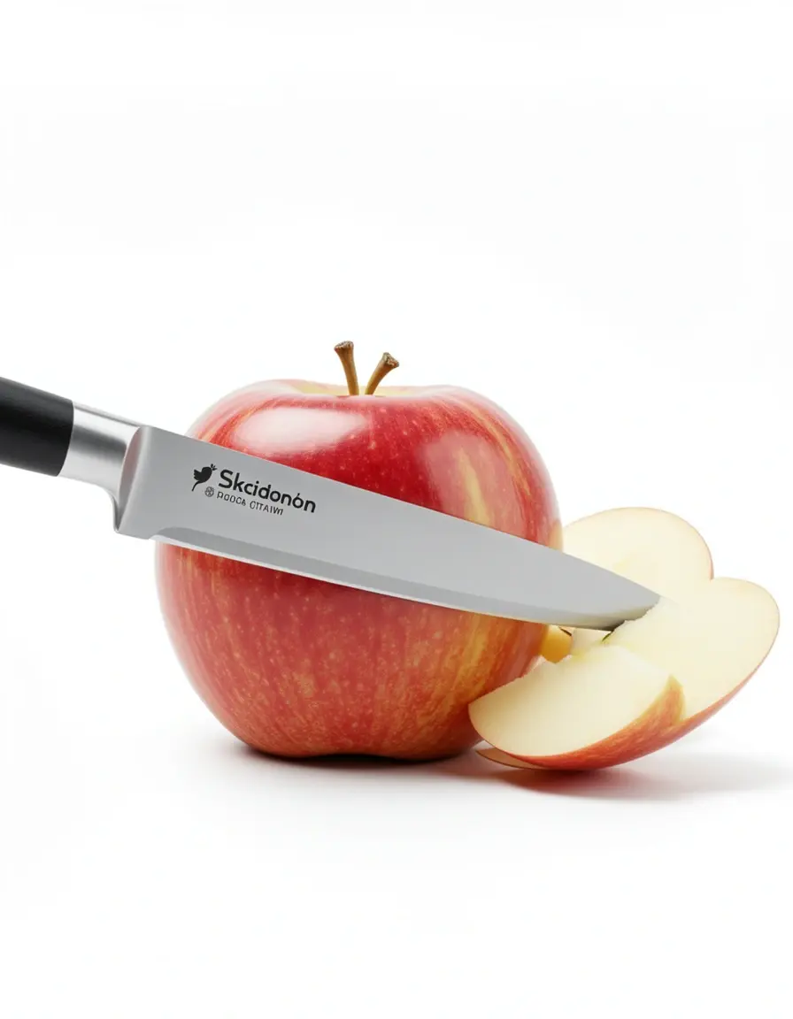 Scharfes Obstmesser schneidet feine Apfelspalten