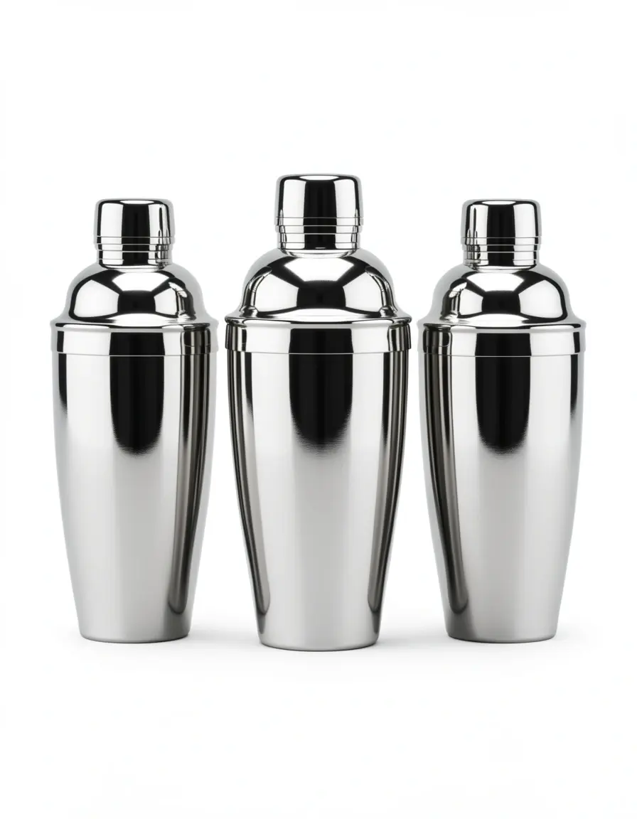 Hochauflösendes Bild eines glänzenden dreiteiligen Cocktail-Shaker-Sets