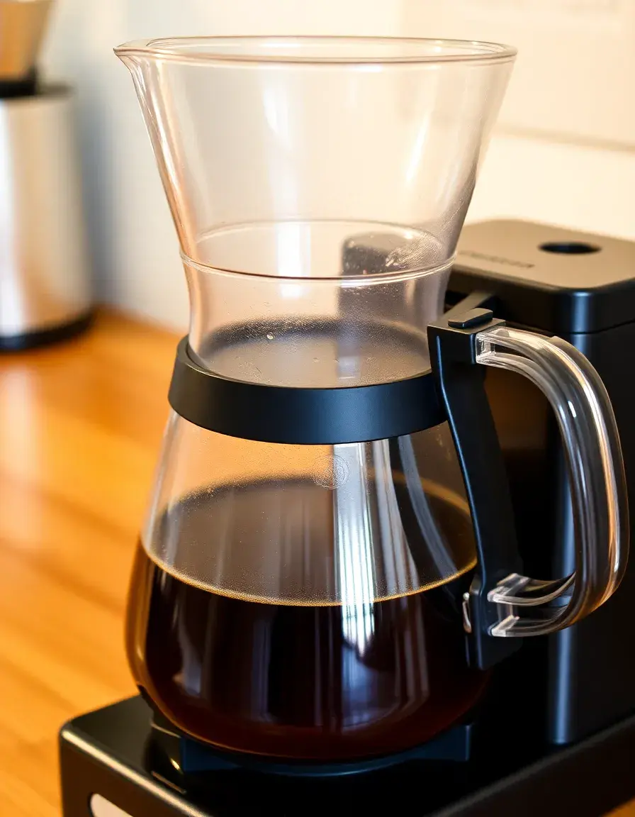 Moderne Filterkaffeemaschine mit Glaskanne brüht frischen Kaffee