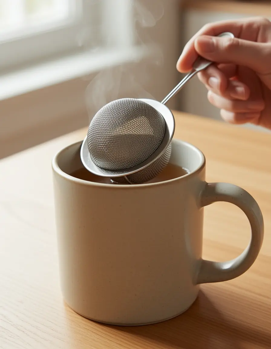 Teesieb aus Edelstahlgewebe für losen Tee in einer Tasse