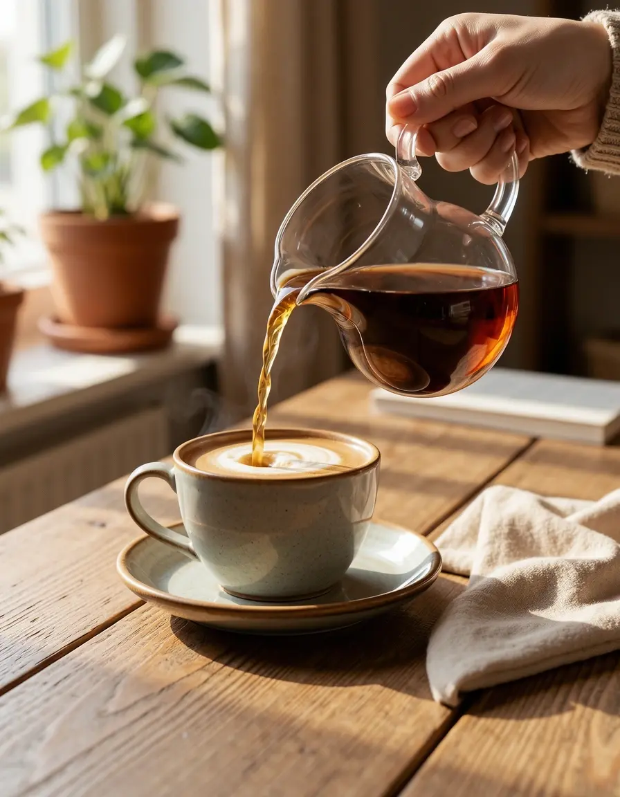 Kleines Glaskännchen für Milch oder Sahne beim Eingießen in den Kaffee