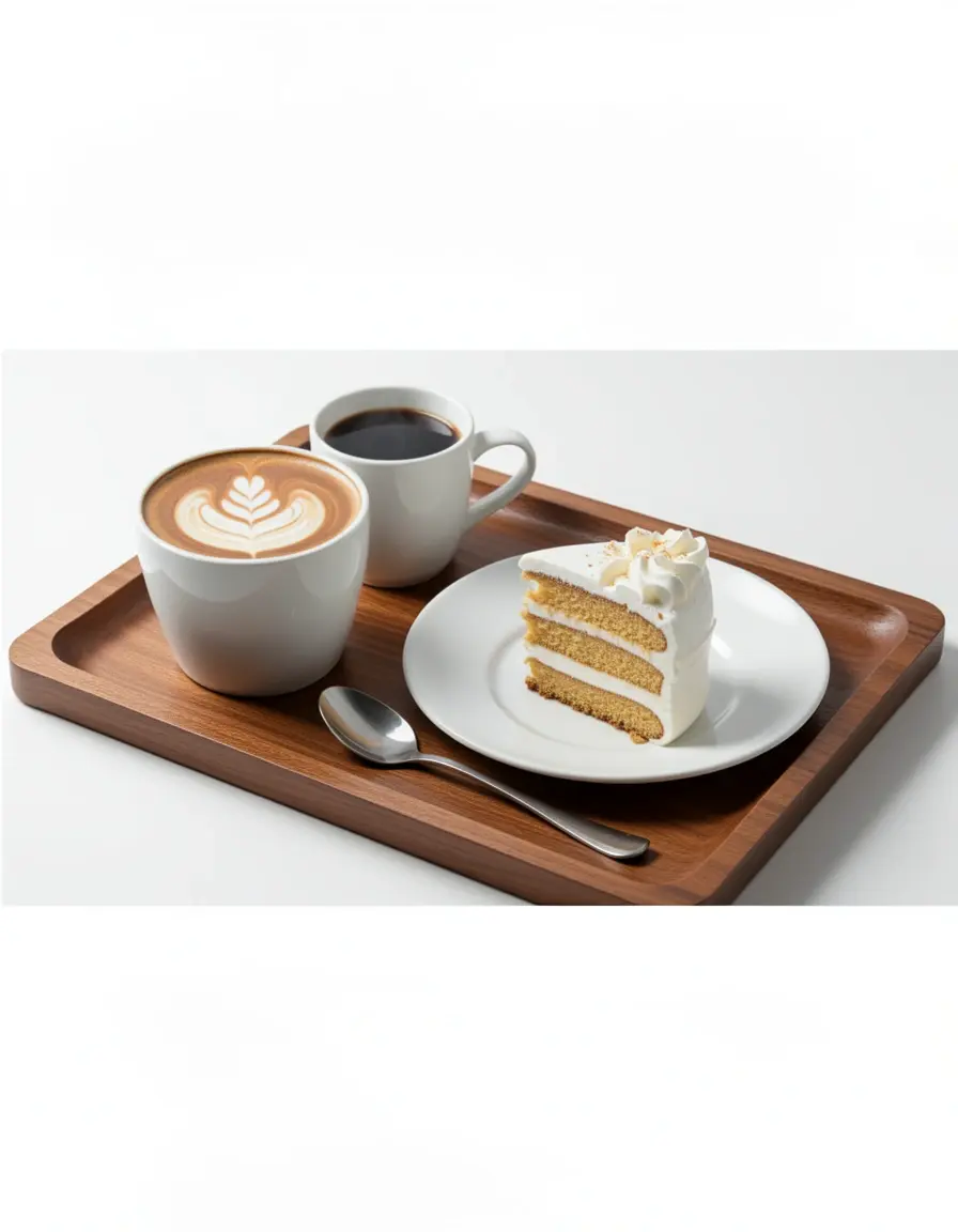 Serviertablett aus Holz mit Kaffeetassen und Kuchen angerichtet