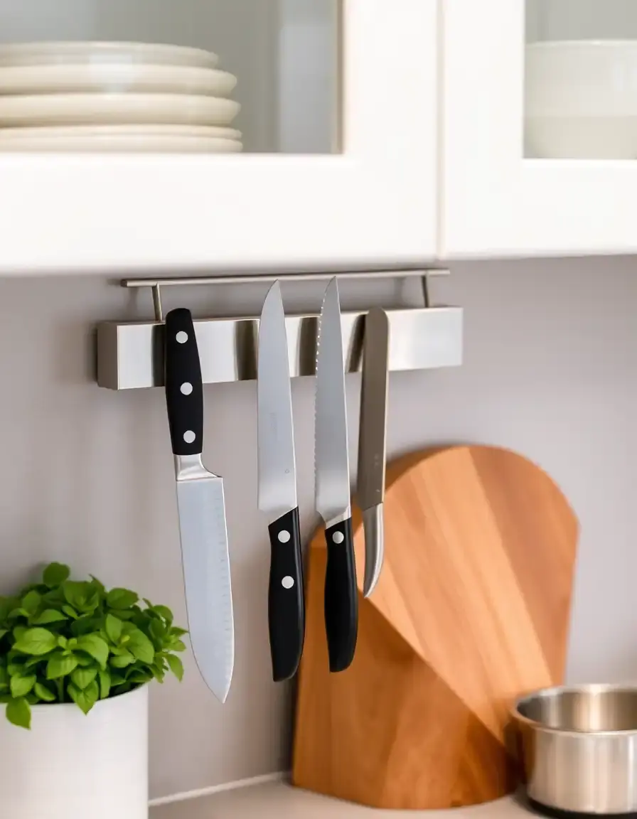 Magnetische Messerleiste unter einem Schrank montiert in einer modernen Küche
