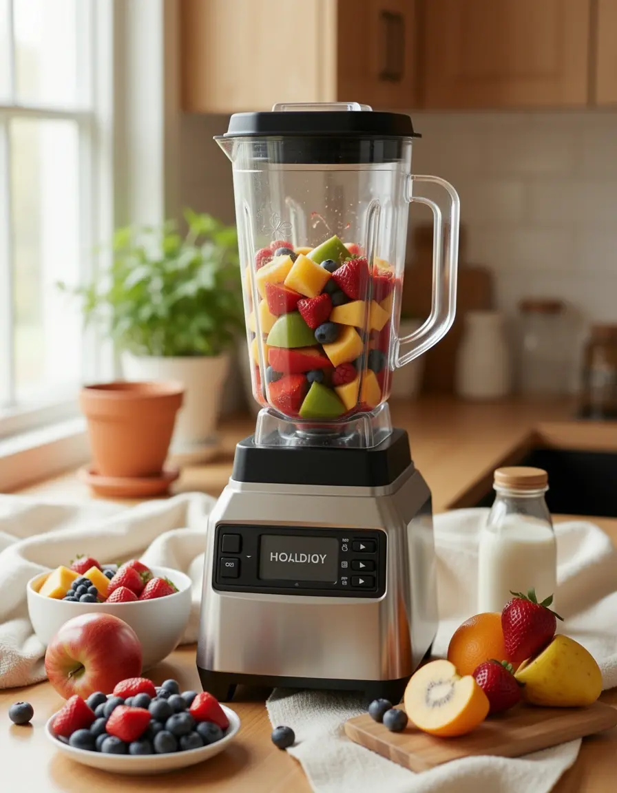 Hochgeschwindigkeits-Standmixer püriert Früchte für eine Kuchenfüllung