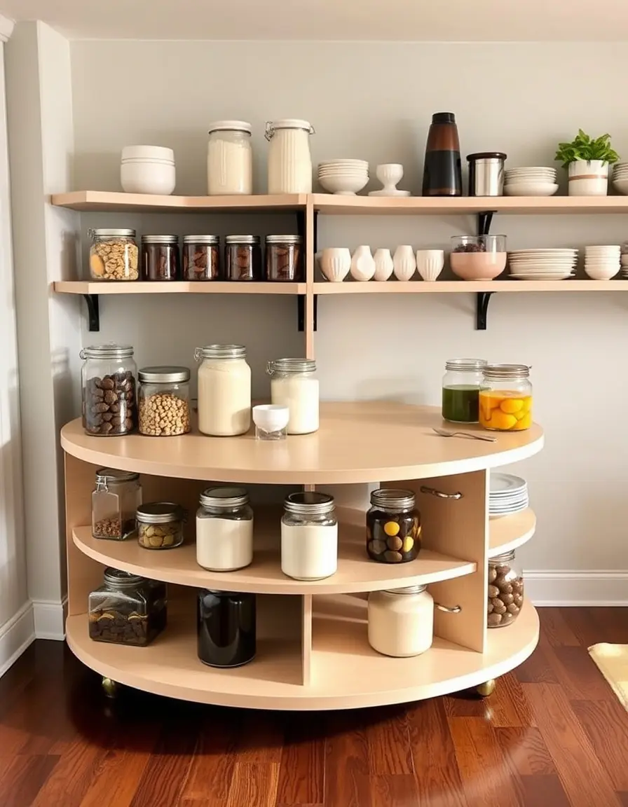 Kidney-shaped lazy susan for corners rotating jars in kitchen L-form cabinet