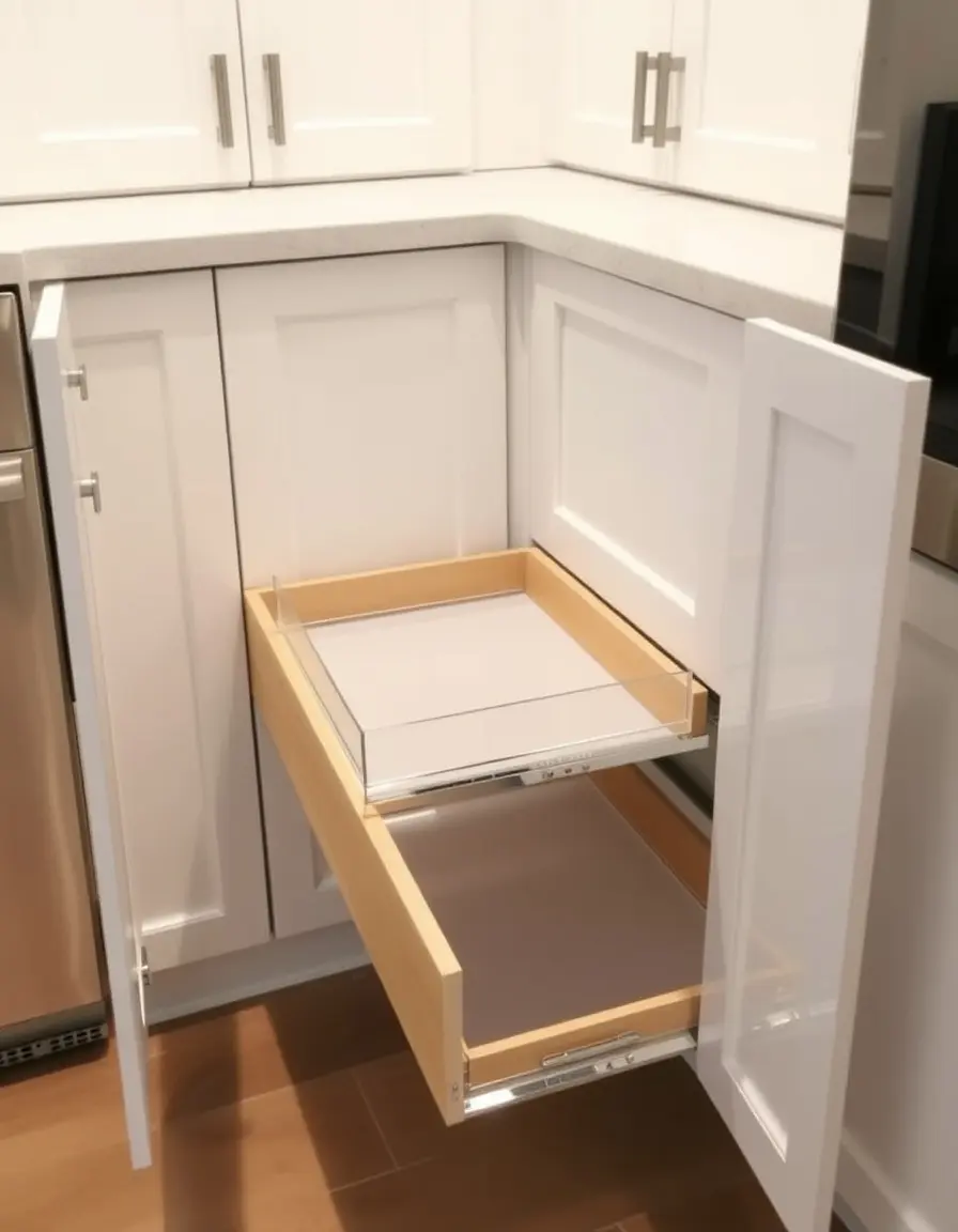 Pull-out trays for corner cabinets sliding out for accessibility
