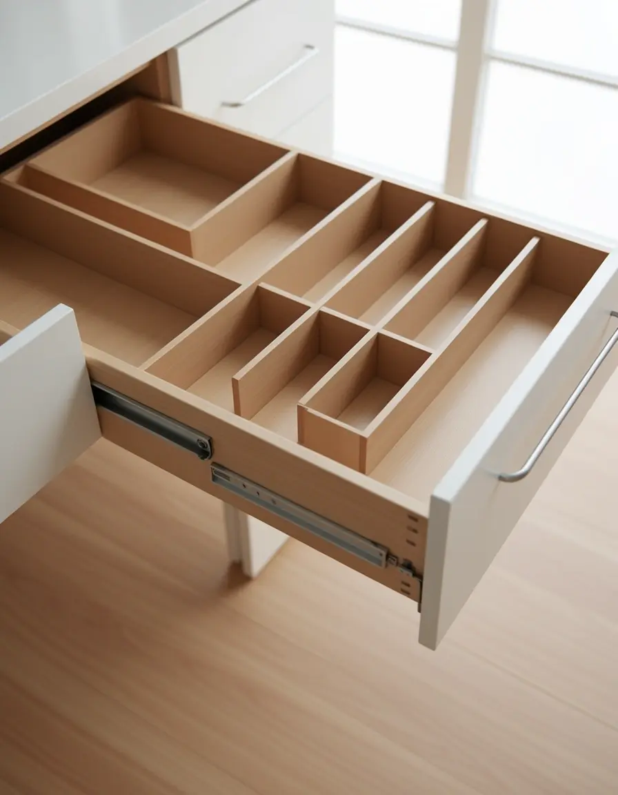 Adjustable L-configured drawer dividers for cutlery and tools
