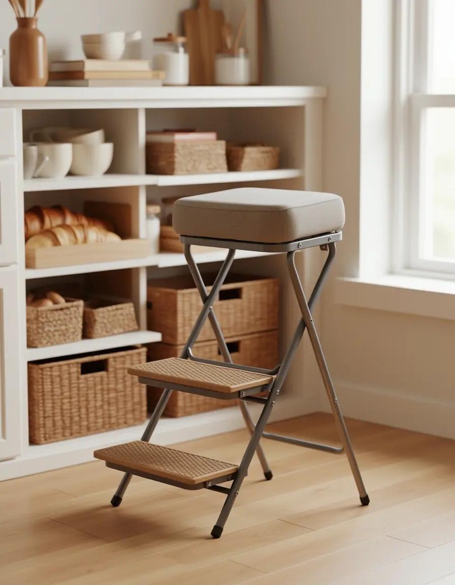 Compact foldable step stool for high kitchen cabinets
