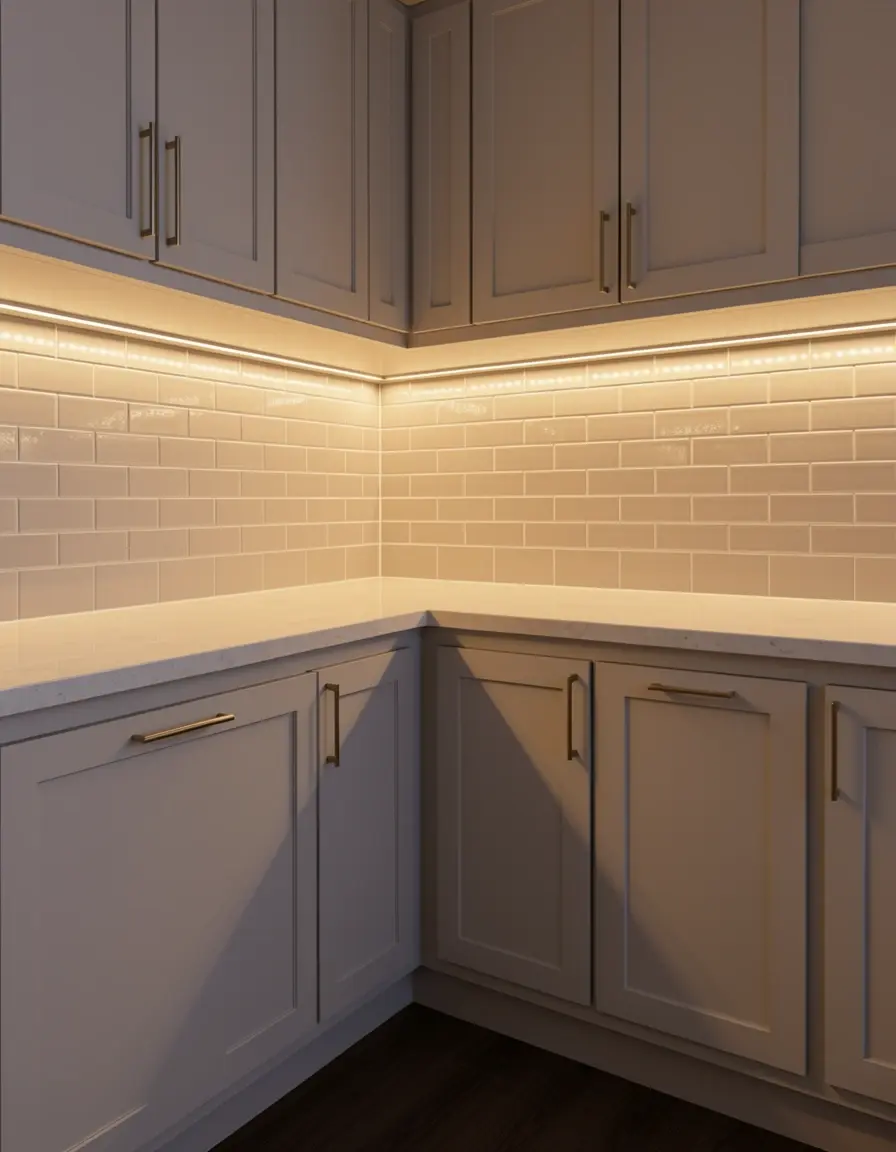 LED strips under kitchen cabinets for L-shaped counter lighting