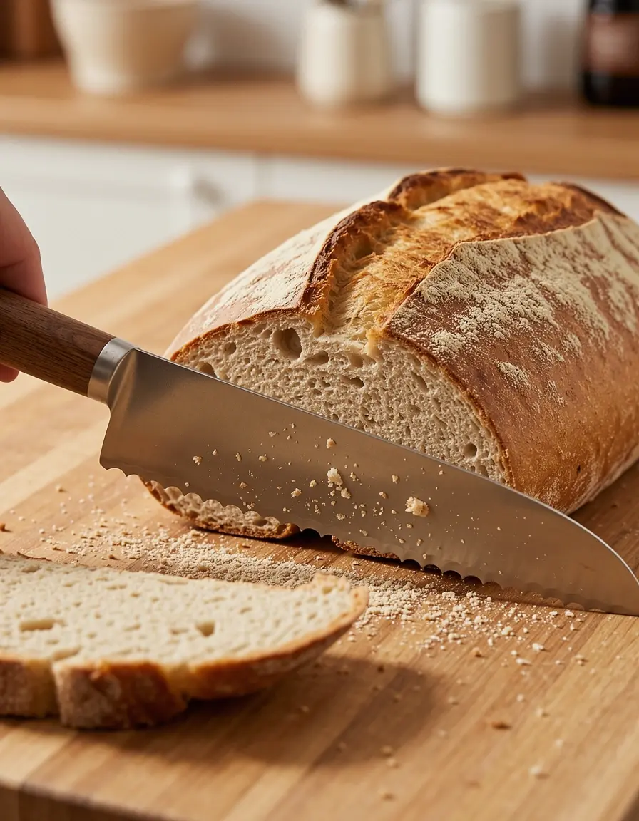 Brotmesser mit Wellenschliff und Holzgriff schneidet frisches Brot